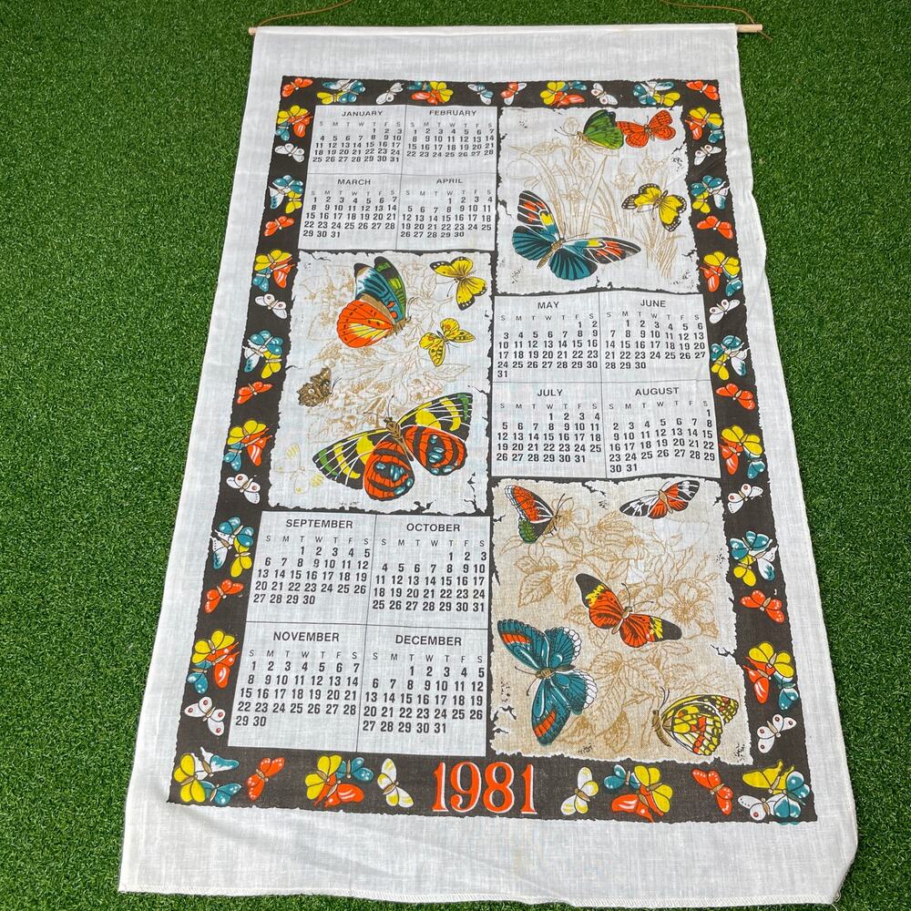 Vintage 1981 Butterfly Linen Calendar Wall Hanging 27" Botanical Retro